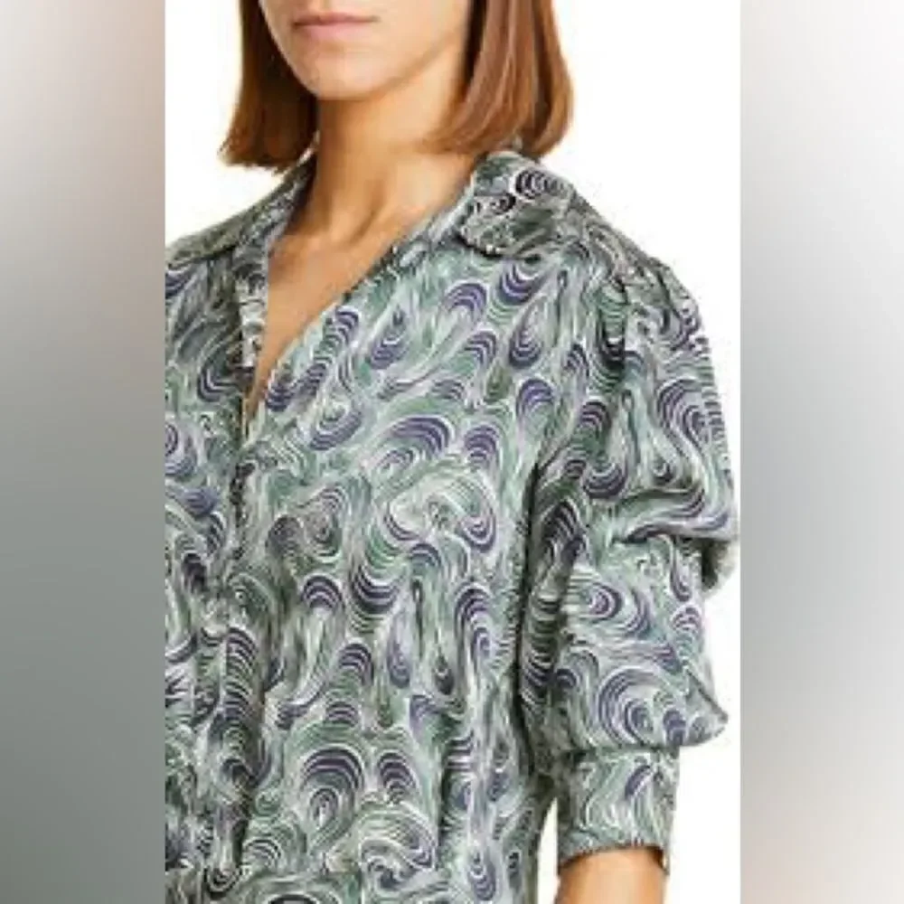 Cinq a Sept Mini Dress Janine Faux Wrap Short Sleeve Blue Green NWT Size 2